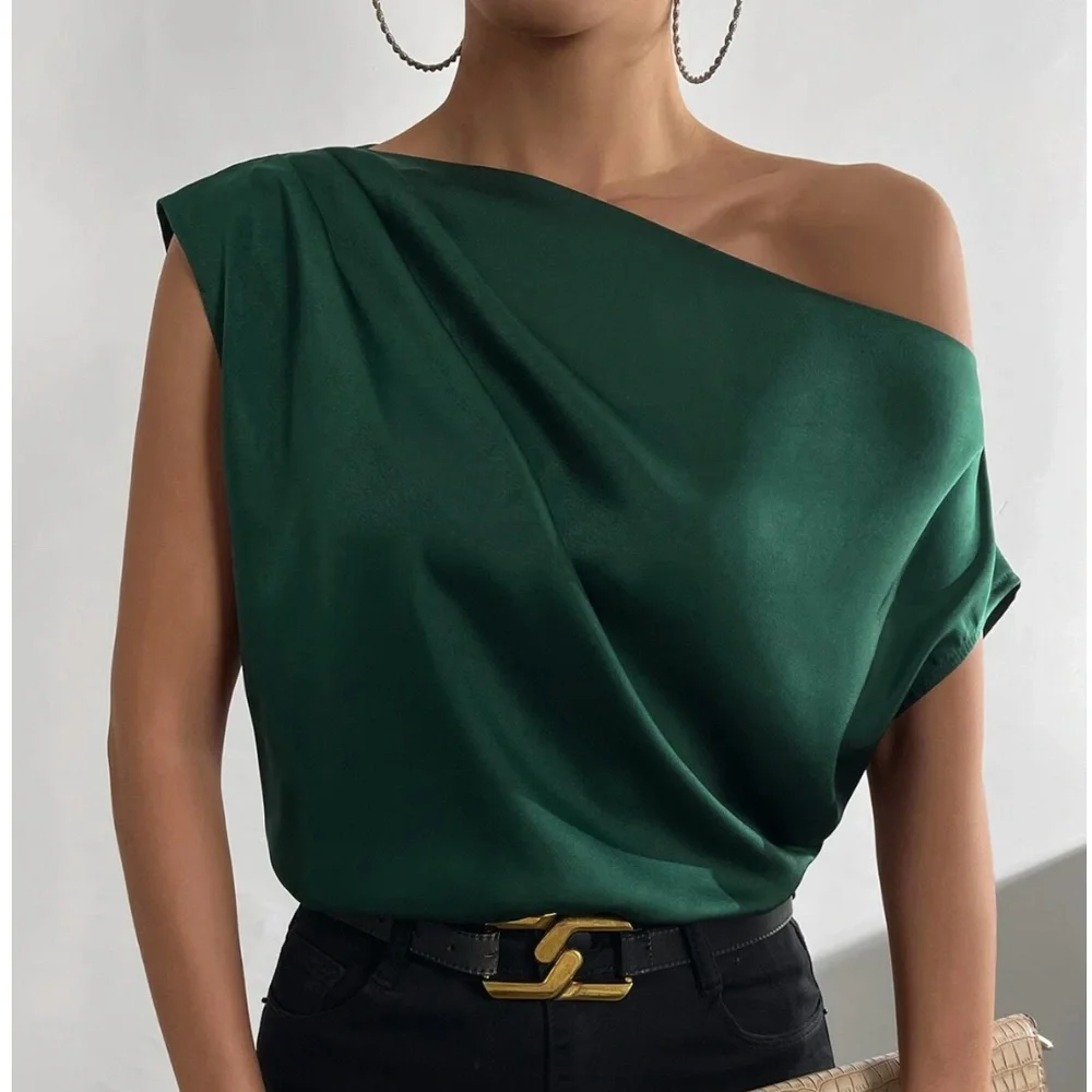 Dark Green Satin Draped Asymmetrical Blouse Top - Picture 1 of 12